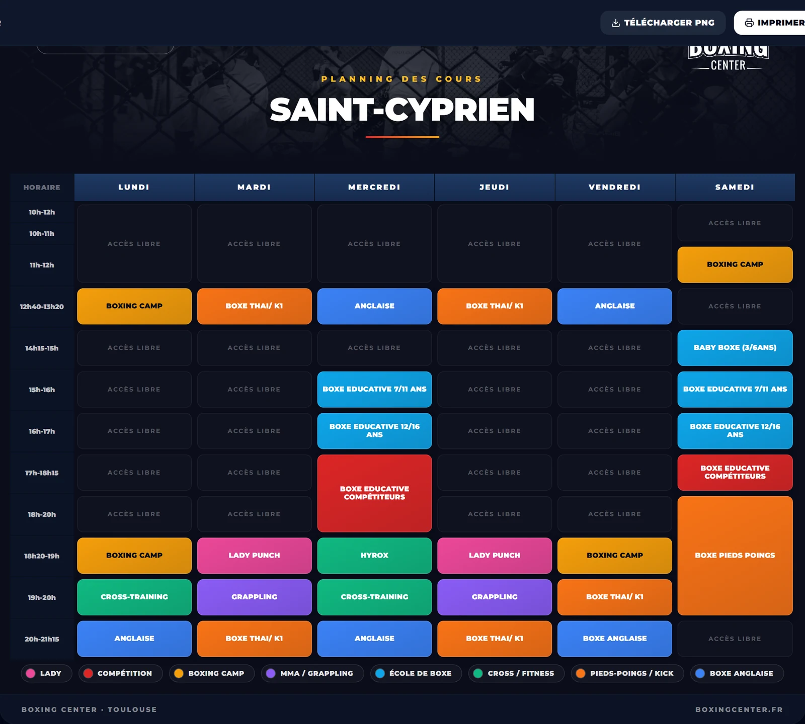 Planning des cours saison 2026-2027 de Boxing Center Saint-Cyprien : boxe anglaise, boxe thaï/K1, grappling, Hyrox, cross-training, Lady Punch, boxing camp et école enfants dès 3 ans (Baby Boxe 3/6, éducative 7/11, ados 12/16, compétiteurs), du lundi au samedi.